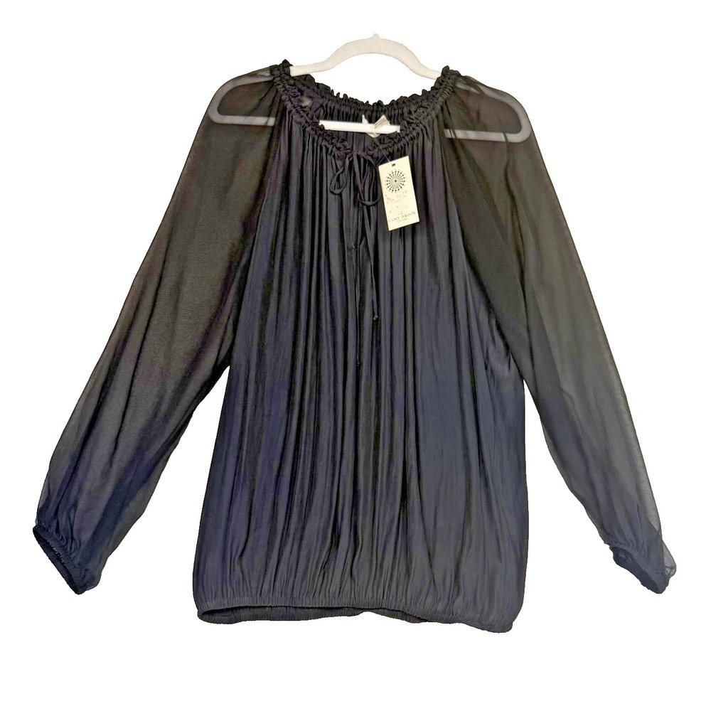 Ramy‎ Brook Ginger Top Womens Large Pleated Sheer Long Sleeve Silk Detail Blouse
